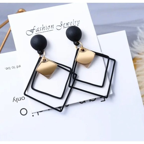 Geometric Abstract Drop Dangle State Earrings Black Gold - Picture 1 of 7